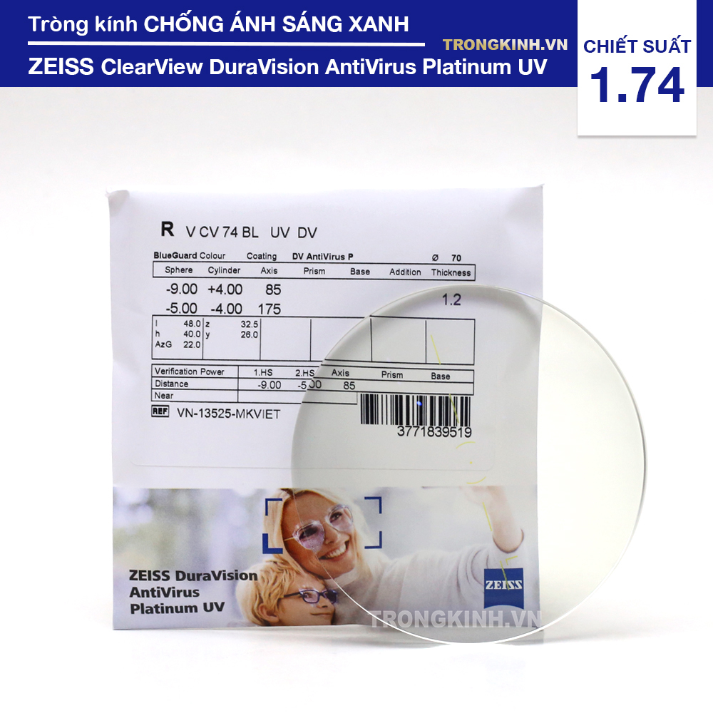 Tròng kính ZEISS ClearViewDuraVisionAntiVirusPlatinumUV 1.74
